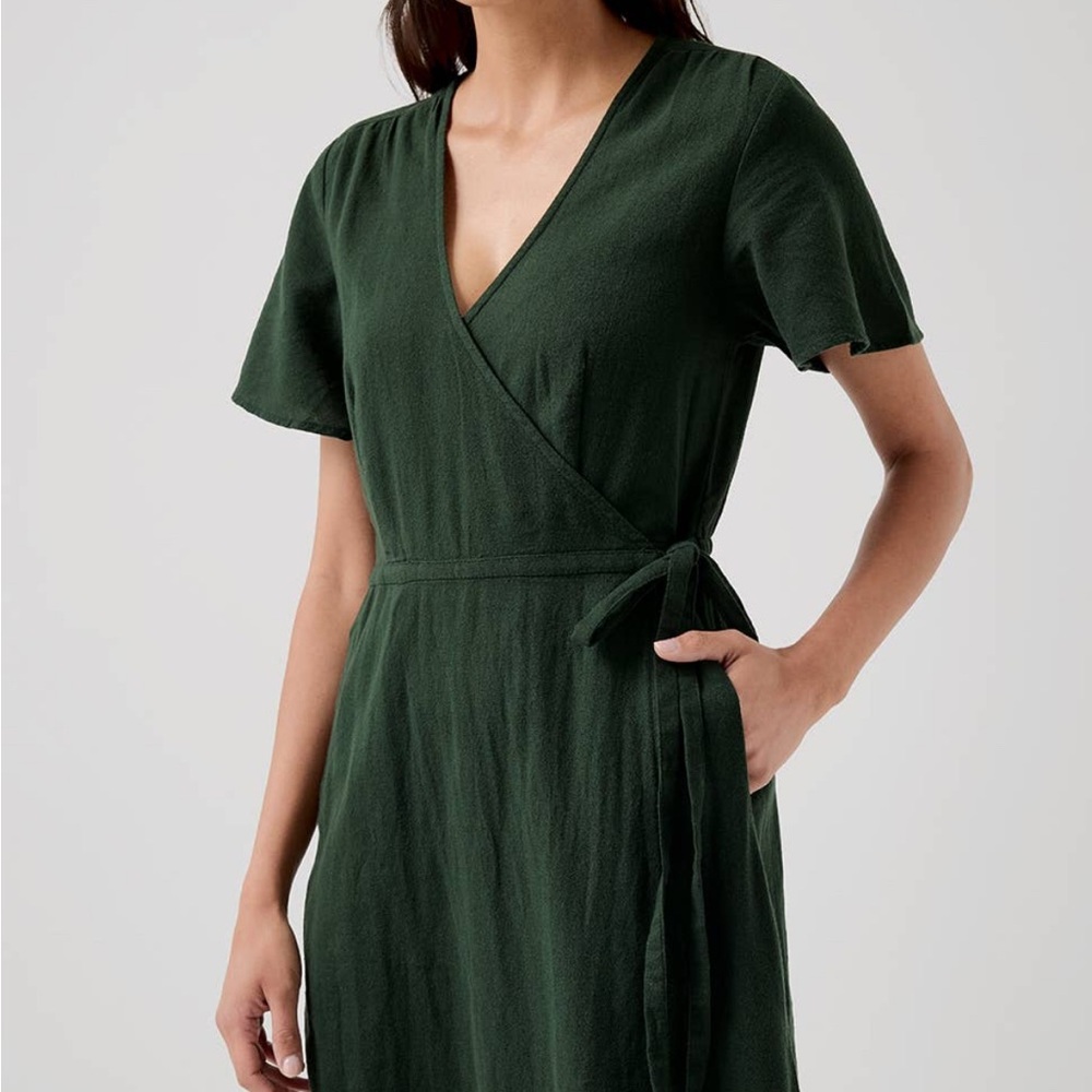 Pact Green Wrap Midi Crepe Dress with Flutter Sleeves